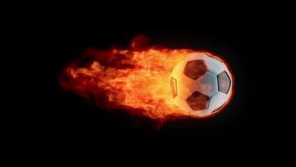 Animated fire ball. Blazing Soccer Ball or Football on air rotating on axis with bright flame tail. Dark background. 3D render.