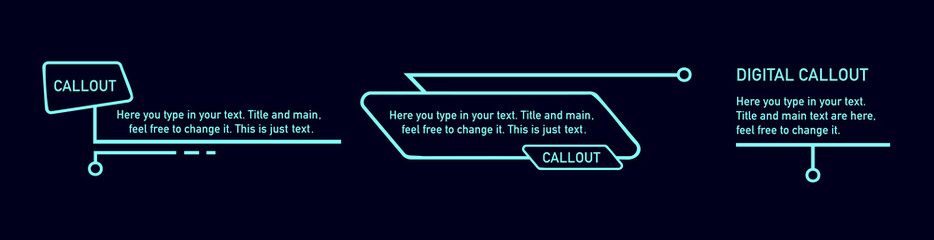 Futuristic callouts titles. Info boxes, digital information bar labels, modern description banner.