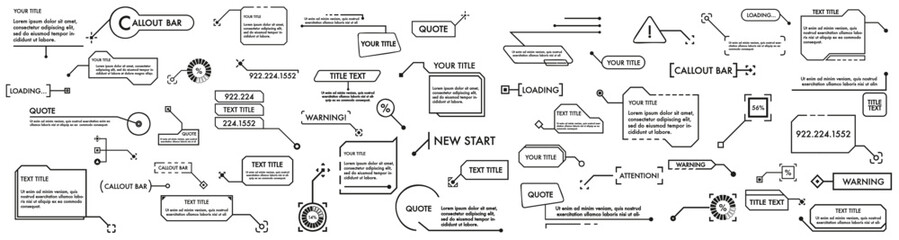 Callouts titles in HUD style. Box bars and modern digital info boxes layout templates.