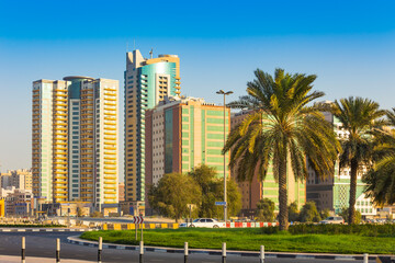 General view of modern buildings in Sharjah