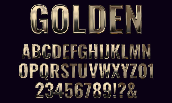 Golden alphabet with capital letters and numbers, metallic gold font design, premium uppercase typography, bold typeface, works well on dark backgrounds