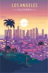 Los Angeles city skyline sunset vector illustration, California United States.	 - obrazy, fototapety, plakaty