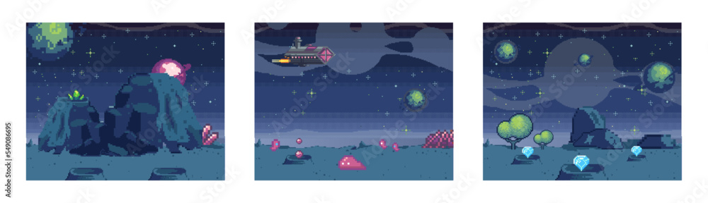 Poster cosmic scenes set in pixel art. pixelated location for game or application. background of space and 
