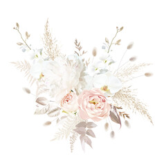 Boho beige and blush trendy vector design bouquet. Pastel pampas grass, ivory peony, creamy orchid, dusty pink rose