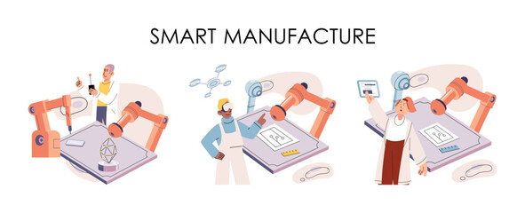 Industry automation production images set. Engineers control manufacturing equipment using digital devices. Modern industrial technologies, technical and science innovation. Smart manufacture concept