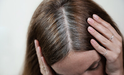 Close-up of the gray hair roots of a young woman forty years old