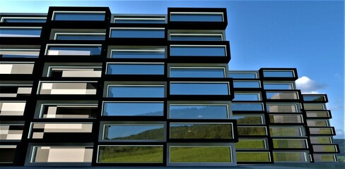 Architectural abstraction. Panoramic windows of numerous high-rise buildings. Reflection of the blue sky and green meadows in the glass. 3d rendering.