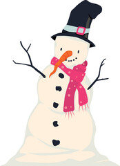 Cartoon snowman with a carrot nose and a top hat.