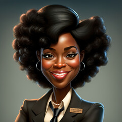 Cartoon caricature portrait of a smiling black businesswoman. - obrazy, fototapety, plakaty