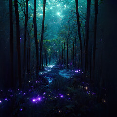 image of a magic forest at night with stars.