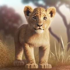 Fototapeta premium image of a beautiful and fluffy realistic lion cub in the savannah.