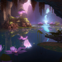 image of a magical cave, with a lake and brightly colored plants,
