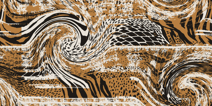 Liquid  liquid marble texture pattern. Vector abstract liquid paint texture in beige brown nude Trendy  for textiles and interior Seamless wild animals skin  Mix of Tiger, leopard snakes skins