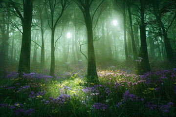 Image of a magical forest, with tall trees and beautiful flowers.