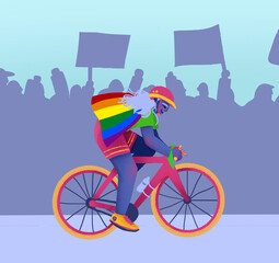Ciclista no binarie andando en bicicleta en una protesta con bandera lgbt - obrazy, fototapety, plakaty