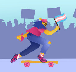 Persona no binaria andando en skate en una protesta con bandera trans