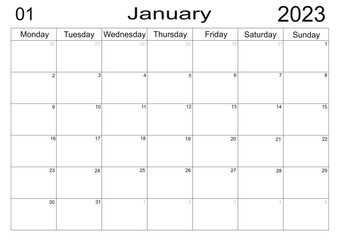 Planner for January 2023. Schedule for month. Monthly calendar. Organizer