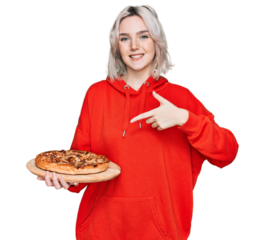 Young blonde girl holding italian pizza smiling happy pointing with hand and finger