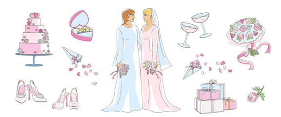 Lesbian Marriage ceremony, LGBT wedding concept Two women holding hands Cake, bridal rings, wedding gifts, glasses of champagne, linear vector illustration with colour shapes 