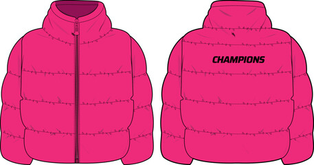 Womens Quilted Puffer jacket design flat sketch Illustration, Down puffa Padded Hooded jacket with front and back view, Soft shell winter jacket for girls and ladies for outerwear in winter. © JERZEY DESINZ