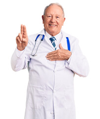 Senior handsome grey-haired man wearing doctor coat and stethoscope smiling swearing with hand on chest and fingers up, making a loyalty promise oath