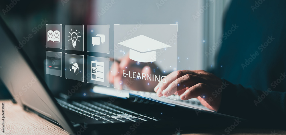 Poster Concept of Online education. man use Online education training and e-learning webinar on internet for personal development and professional qualifications. Digital courses to develop new skills.