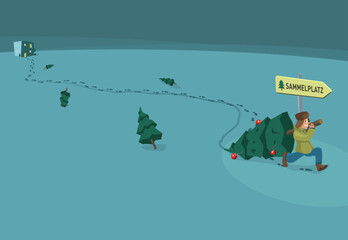 Grafik Mann im Schnee bei der Entsorgung des alten Weihnachtsbaums