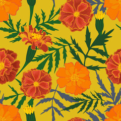 Vector seamless pattern with marigolds flowers and leaves on yellow background. Dia De Muertos. Catrina. The Mexican day of the Dead. Indian holiday Diwali. Halloween.