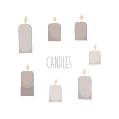 Burning candles set. Simple vector candlesticks for aroma spa, hygge, religion, christmas