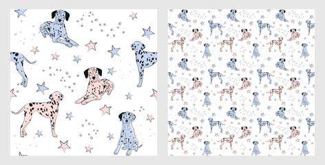 Pattern design with funny Dalmatian dogs doodles, seamless pattern. T-shirt textile, wrapping paper, blue background graphic design. Wallpaper for Babies and kids. Blue and Pink linen style. Stars.