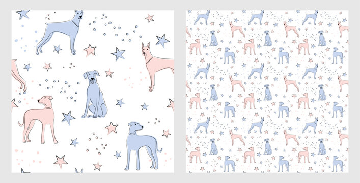 Pattern design with funny Doberman dogs doodles, seamless pattern. T-shirt textile, wrapping paper, blue background graphic design. Wallpaper for Babies and kids. Blue and Pink linen style. Stars.