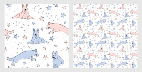 Pattern design with funny German Shepherd dogs doodles, seamless pattern. T-shirt textile, wrapping paper, blue background graphic design. Wallpaper for Babies and kids. Blue and Pink linen style.