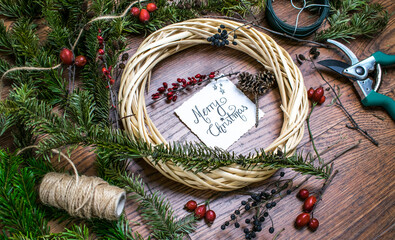 Christmas wreath with calligraphy postcard