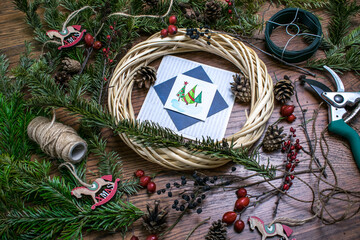 Christmas wreath with postcard watercolor trees