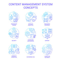 Content management system blue gradient concept icons set. Site platform. Data migration idea thin line color illustrations. Isolated symbols. Roboto-Medium, Myriad Pro-Bold fonts used