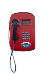 Red public telephone booth, payphone with a black tube on a white isolated background