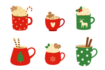 Set of red cups with whipped cream, cinnamon sticks and gingerbread cookies. Template for cozy winter design.