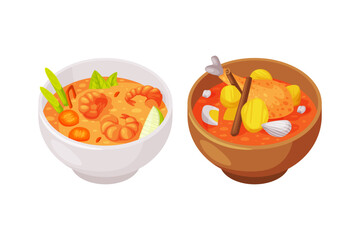 Traditional Thai Food with Shrimp and Chicken Soup and Steam in Bowl Vector Set