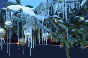 Green fir branches with Christmas balls, ice icicles and snow caps
