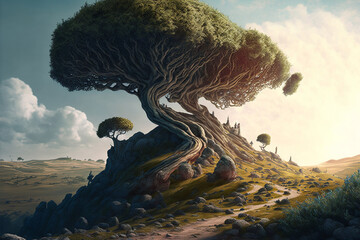 Surreal giant tree on top of a hill, detailed, path up the hill, vast landscape