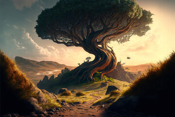 Surreal giant tree on top of a hill, detailed, path up the hill, vast landscape