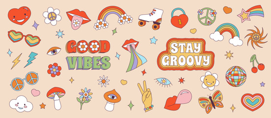 Retro 70s Groovy Hippie sticker set. Psychedelic cartoon elements -funky daisy flower, mushroom, eye, rainbow, peace, love, heart, cherrie, disco ball, roller in vintage hippy style. Vector set