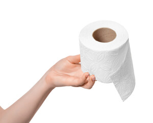 Toilet paper roll in hand, isolate