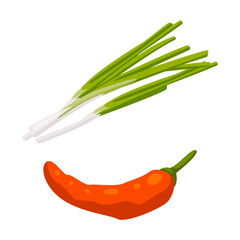 Green Onion Stalk and Hot Red Chili Pepper as Condiment and Spice Vector Set