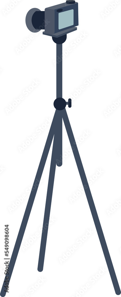 Poster Camera on tripod semi flat color vector object. Full sized item on white. Making photos. Device for hobby photographer. Simple cartoon style illustration for web graphic design and animation
