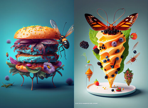 Food of the future. Food made from insects. High cuisine. Restaurant food, food from insects. Surrealism. Colorful flowers. edible insects, our future, restaurant menu, illustration of a butterfly, 