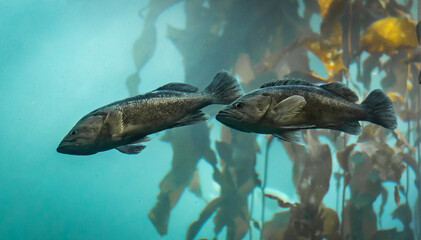 A pair of living Calico Bass (Paralabrax clathratus) swim in a kelp bed (forest) off the coast of...