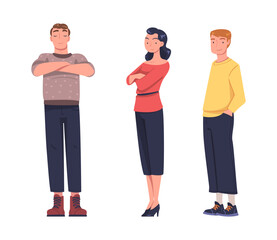 Fototapeta premium Young Smiling Man and Woman in Standing Pose with Satisfied Face Expression Vector Set