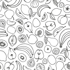 Seamless vector pattern on a white background. Doodle fruit Mix: Banana, Apple, Pear, Lemon, Peach, Fig, Kiwi. For paper, textile, gift wrapping, interior decoration, menu. Cartoon design..