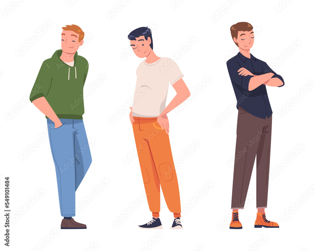 Poster young smiling man in standing pose with satisfied face expression vector set